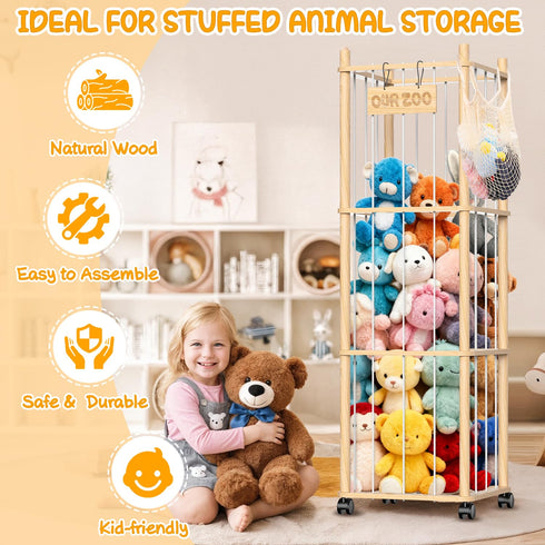 Belveora 3 Stuffed Animal Storage Organizer, Wooden Plushies Toy Zoo Holder with Wheels, Large Capacity Storage Tower