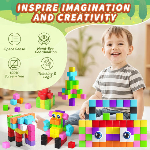 65PCS 3 4 5 6 7 8, Magnetic Blocks with Magnet Eyes Toy, Magnetic Building Blocks with Storage Bag for Kids Gifts, STEM