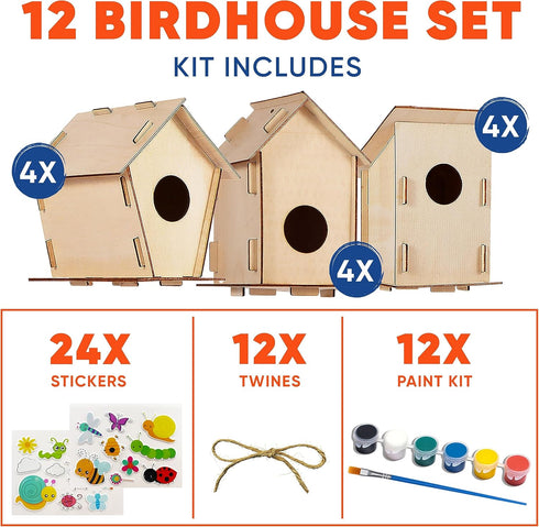 12 DIY Bird House Kits for Children, Unfinished Wood Birdhouses to Paint for Kids