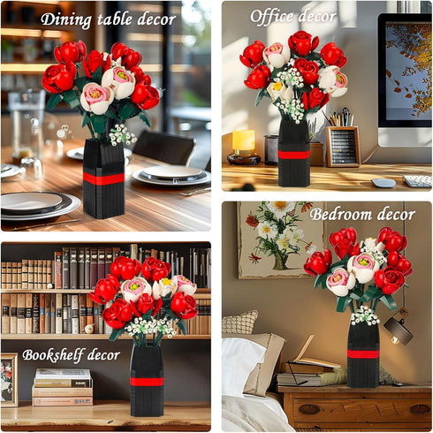 Panigkids Set Set Roses Flower Bouquet Building Kit, Artificial Roses Flower Bouquet Building with Vase, DIY Artificial