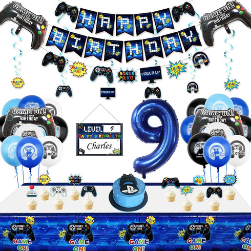 Video Game Party Decorations: 9th Birthday for Boys, HAPPY BIRTHDAY Banner, Gaming Hanging Swirls