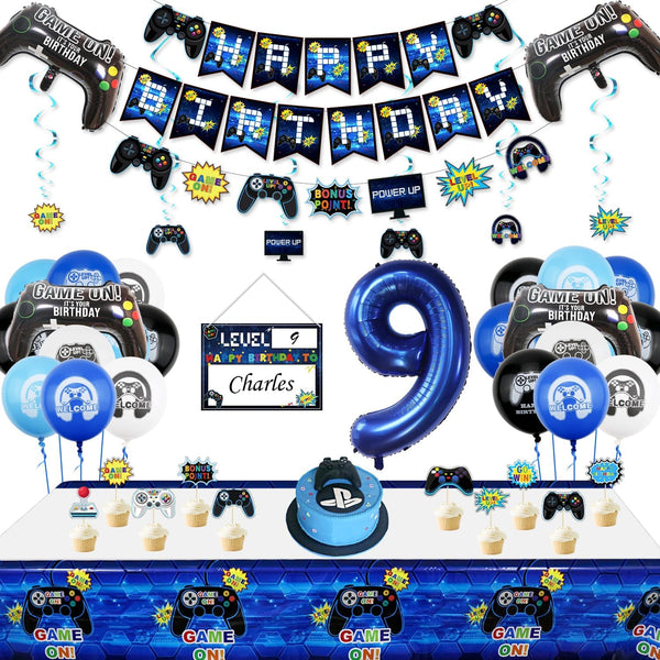 Video Game Party Decorations: 9th Birthday for Boys, HAPPY BIRTHDAY Banner, Gaming Hanging Swirls