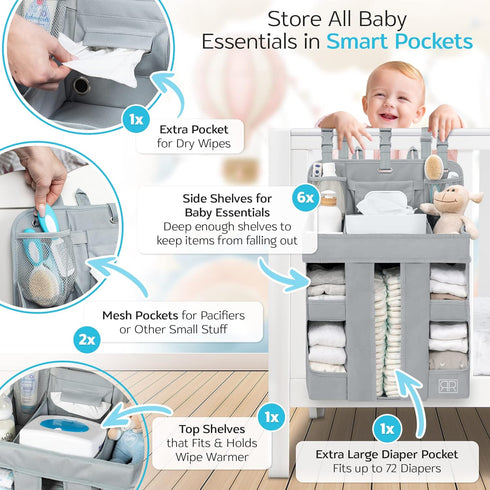 XL Hanging Diaper Caddy Organizer – Reinforced Diaper Stacker for Crib, Changing Table, Playard, Wall & Door for