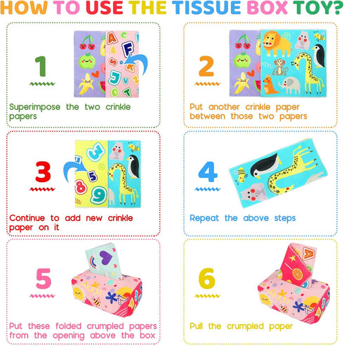 Baby Toys for 6 to 12 Months, Montessori Tissue Box Toys, Soft High Contrast Crinkle Infant Sensory Gifts