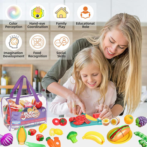 80PCS Sets Set Cutting Play Food for Kids Kitchen, Fake Food Toys with Storage Bag, Toy Food Pretend