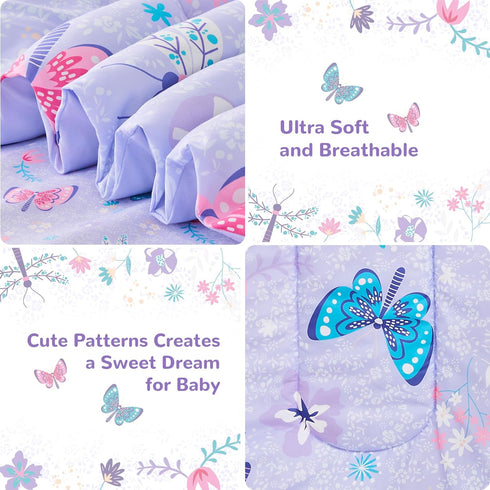 lasoftan Set 4 Sets, Set Set Butterfly Toddler Bedding for Girls, Piece Bed-in-a-Bag Toddler Comforter Super Soft