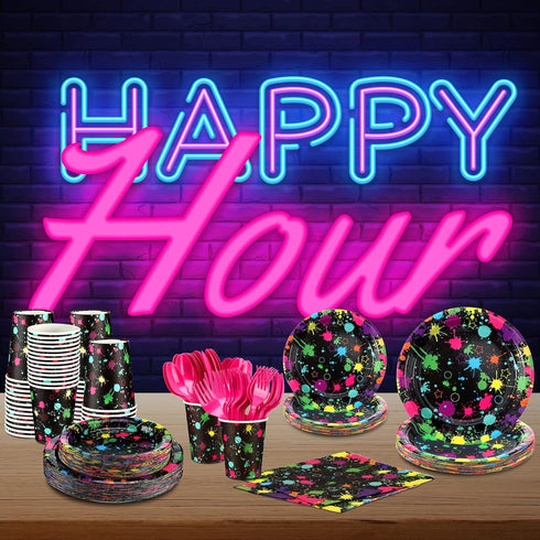 Yingzhao 180 Pcs Neon Birthday Party Supplies, Disposable Plates, Napkins, Cups, and Cutlery for 30 Guests