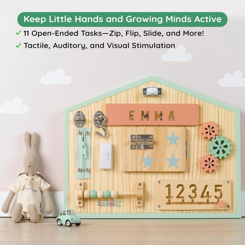 Montessori Busy Board for Toddlers - Personalized Sensory Toys with 11 Activities, Solid Wooden Activity Board