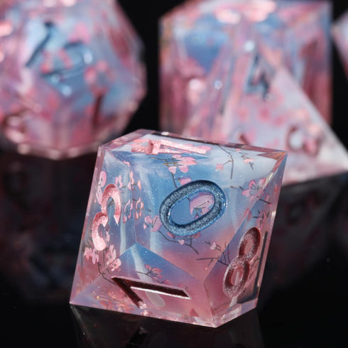 D&D Sharp Edge Polyhedral Dice Mini Planet Dice Handmade Set for Dungeons and Dragons (Cherry Blossom)