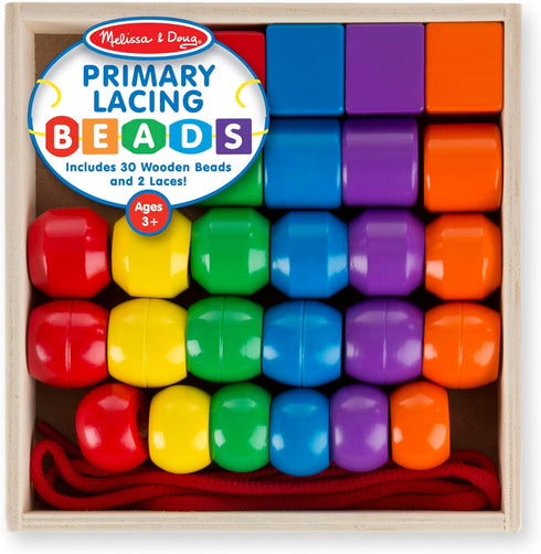 Melissa & Doug Primary Lacing Beads - Educational Toy with 8 Wooden Beads and 2 Laces for Kids