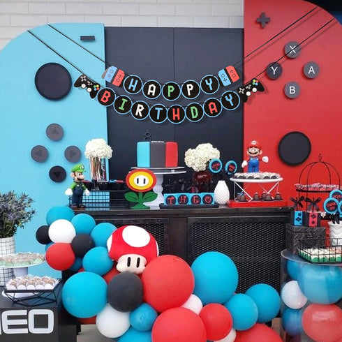 Video Games Birthday Banner, Happy Birthday Decorations for Video Games 1st Birthday, Blue and Red