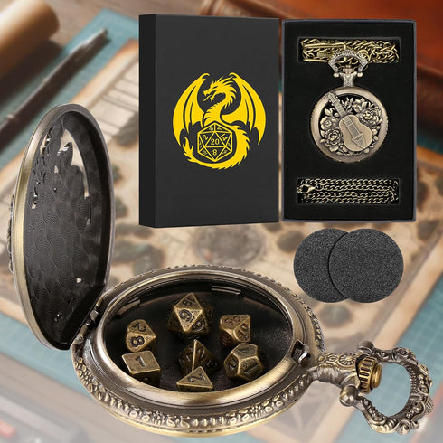 Mini DND Dice Set Steampunk Hollow Bard Pocket Watch Shell Case, 7pcs Tiny Polyhedral Metal Dice