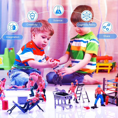 Skylety 32 Pcs Wrestling Toys with 12 Mini Wrestlers Action Figures and 20 Realistic Accessories Playset