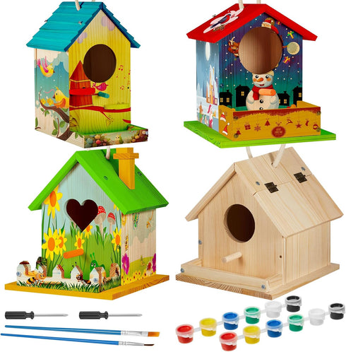 Juexica 4 Pack Birdhouse Kit - DIY Wooden Bird House with Paint and Brushes for Indoor/Outdoor Craft Fun