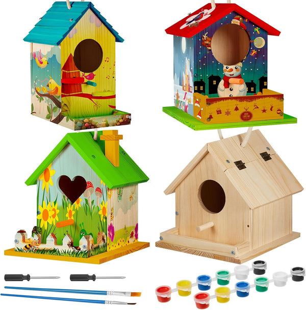 Juexica 4 Pack Birdhouse Kit - DIY Wooden Bird House with Paint and Brushes for Indoor/Outdoor Craft Fun