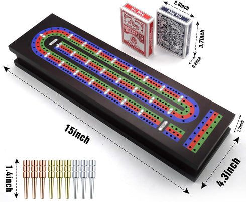 VVSBPL Set 2 3 Set Wooden Cribbage Board Game with Metal Pegs and Decks of Playing Cards, Travel Cribbage Board