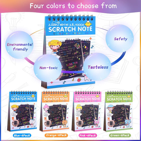 POKONBOY 24 Pack Rainbow Scratch Paper Notebooks, Scratch Note Pads for Kids, Art Party Supplies for Boys and Girls