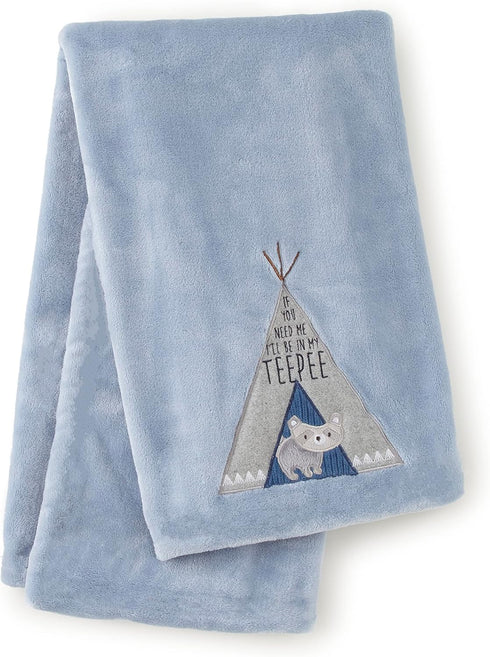 Levtex Baby Trail Mix Plush Blanket - Appliqued Embroidered Raccoon on Blue Plush - Nursery Accessories 30 x 40 in.
