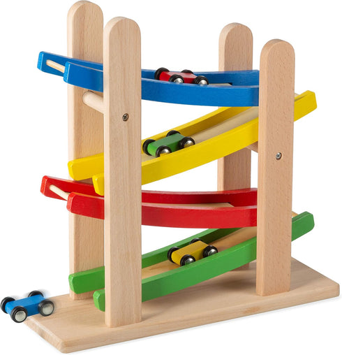 Play22 Wooden Car Ramps - 4 Level Race Track With 4 Toy