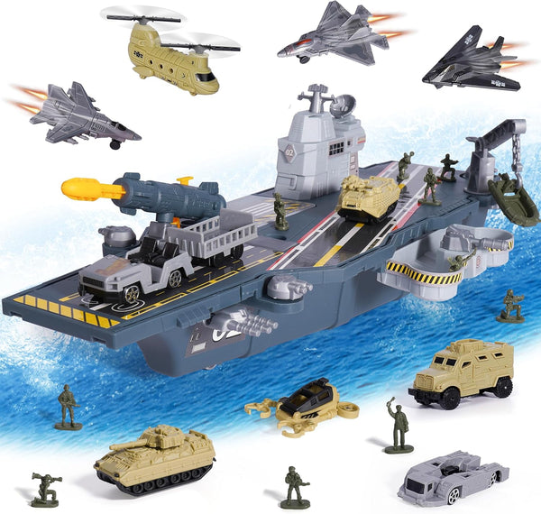Military Aircraft Carrier Toys, Army Toys with 10 Vehicles, Fighter Jet Helicopter