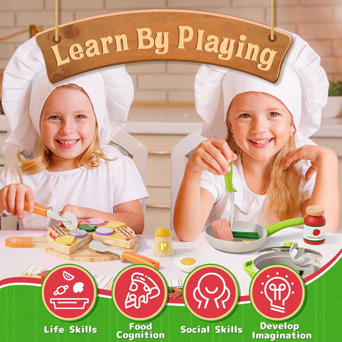 Sets 3-5 Lehoo Castle Wooden Play Food for Kids Kitchen - Pizza Toy with Pot & Pan, Play Kitchen Accessories, Pretend