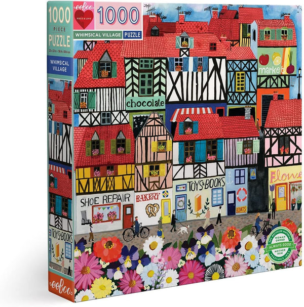 eeBoo: Piece and Love Whimsical Village 1000-Piece Square Jigsaw Puzzle for Adults and Families