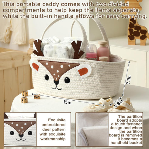 Weysat Cute Deer Baby Diaper Caddy Organizer Cotton Rope Diaper Caddy Basket Woodland Nursery Decor Portable Organizer