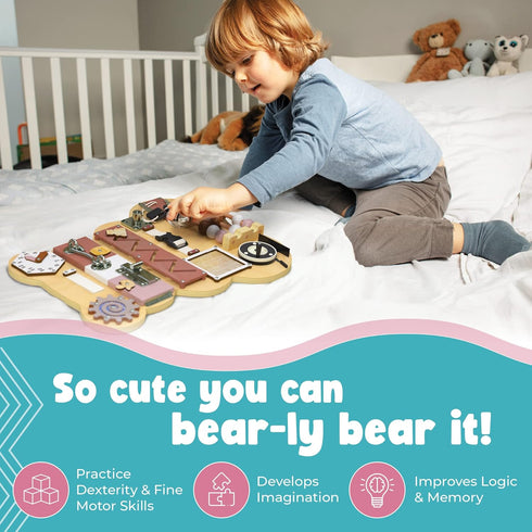 Busy Board for Toddlers, Bear Shaped Montessori Activity Board, Sensory Travel Toys for Quiet Learning