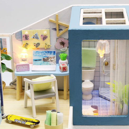 1:24 Cool Beans Boutique Miniature Dollhouse DIY Kit - Wooden Blue Townhouse with Pool