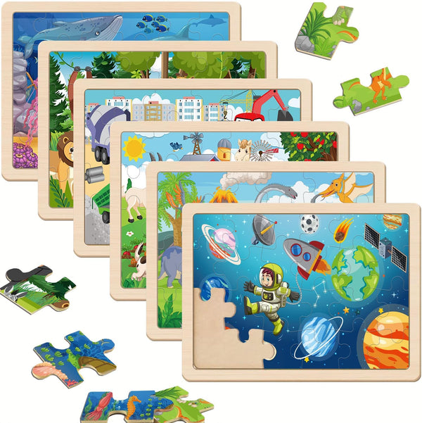 Wooden Puzzles for Kids Ages 3-5 - 6 Packs 24 PCs Jigsaw Puzzles - Educational Brain Teaser Toys