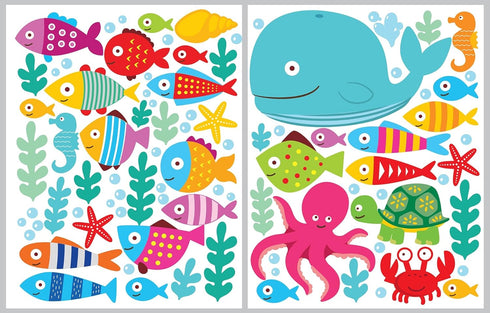 Ocean Fish Wall Decals, Sea Whale Turtle Tropical Creatures Bathroom Stickers, Cartoon Decorative Wall Decal for Kids
