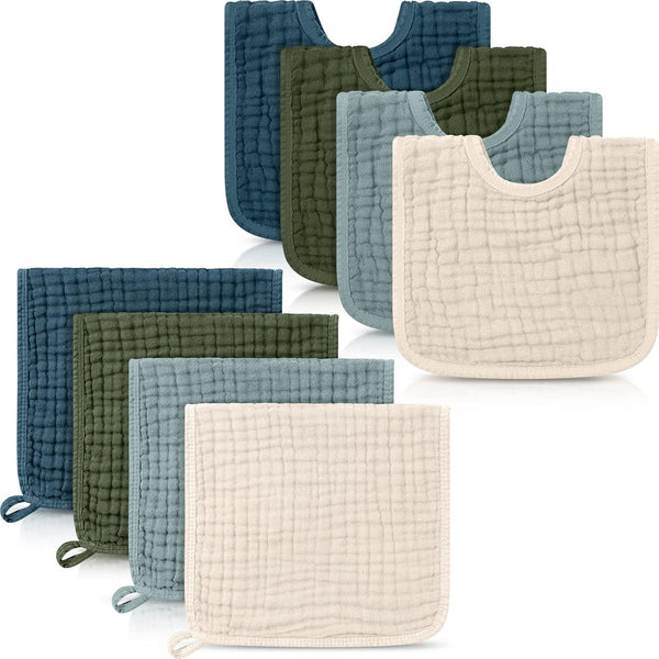 Tallew 8 Pack Muslin Burp Cloths and Baby Bibs for Boy Girl