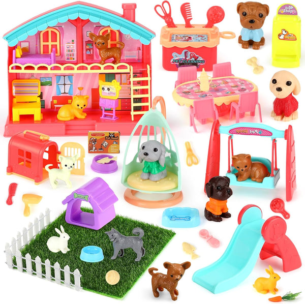 Pet Pretend Play Toys Set, 48 Pcs Realistic Pet Figures Playset for Cat and Dog Care Role Play, Birthday Gift