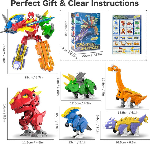 Toddler 5-in-1 Dinosaur Transforming Robot Toy, 5Pcs Easy DIY Assembly Function Combines into Mega Robot with Weapon