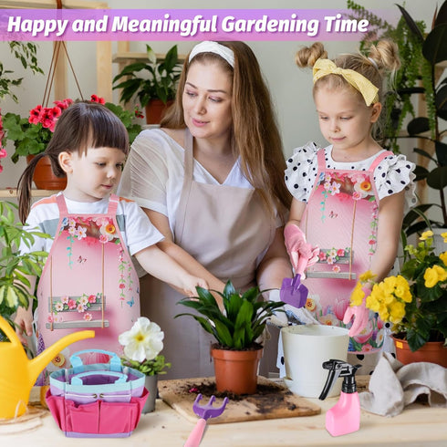 Kids Gardening Tool Set - Garden Tools with Shovel, Trowel, Rake, Apron, Gloves, Watering Can, Tote Bag (Pink)