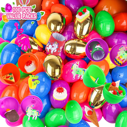 100 Pack 6 100 Grastfu Prefilled Easter Eggs with Assorted Toys Inside Surprise Golden Eggs, Plastic Easter Eggs