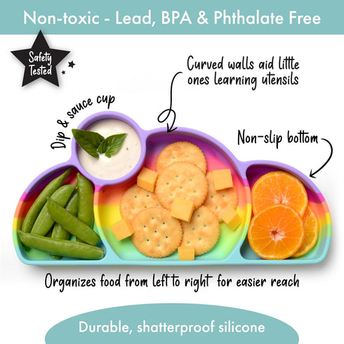 Silicone baby & toddler plate, baby led weaning supplies - Easy-reach design for self-feeding (Rainbow Swirl) by PrimaStella