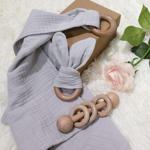 Baby Lovey and Wood Rattle Teether Ring, 3 Pack Montessori Gift, Gray Cotton Double Gauze for Baby Shower
