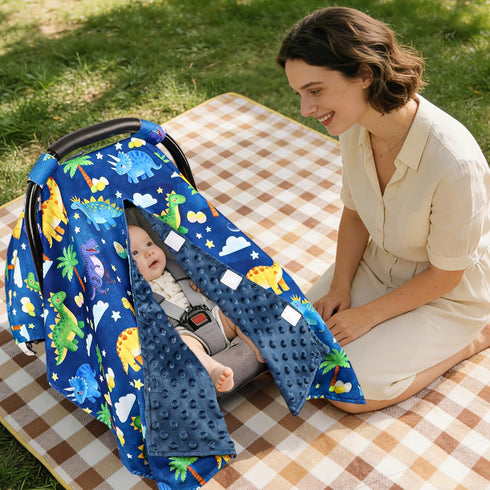 Hooyax Peekaboo Car Seat Cover for Baby Boy - Warm Minky Carseat Canopy with Adjustable Opening, Universal Fit
