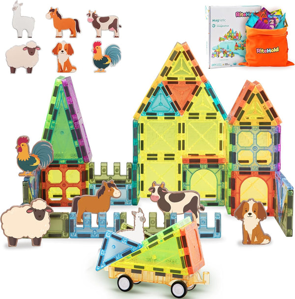 RiteHold Magnetic Tiles Farm Animals 52PCS, STEM Toys Magnet Building Blocks for Kids