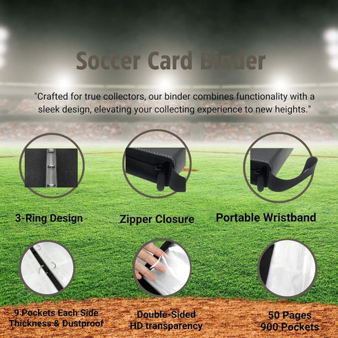 Trading Card Binder, Soccer Card Binder with 900 Pockets and 50 Removable Sleeves for Sports Cards.