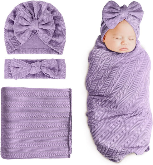 DRESHOW BQUBO Newborn Receiving Blanket with Matching Bow Hat and Headband Shower Gift for Toddler Girls