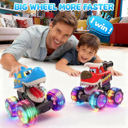 Pnooe 3 Pack Monster Truck Toys, Light Up Cars for Toddlers, Baby Animal Toy Trucks Dino Cars with LED Lightning