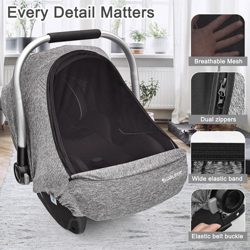 MARLIFER Baby Car Seat Cover, Large Mesh Window, Breathable Fabric, Infant Windproof Canopy, Universal Fit CarSeat