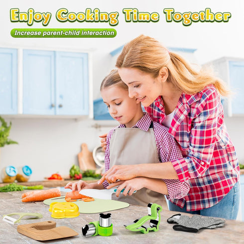 Kids Knife Set for Real Cooking - 15 PCS Montessori Kitchen Tools with Safe Knives, Cutting Board, Crinkle Cutters