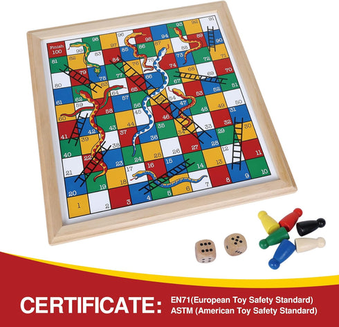 Wooden Snakes and Ladders Game - Educational Board Game for Kids and Adults, Includes Counters & Dice