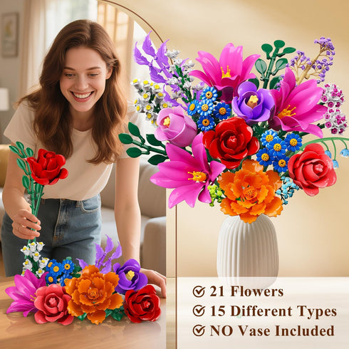 Set 21 1054PCS, 12+ CUBIMANA Flowers Bouquet Building with LED Light, Flower Botanical Collection Block Toy, Rose Home
