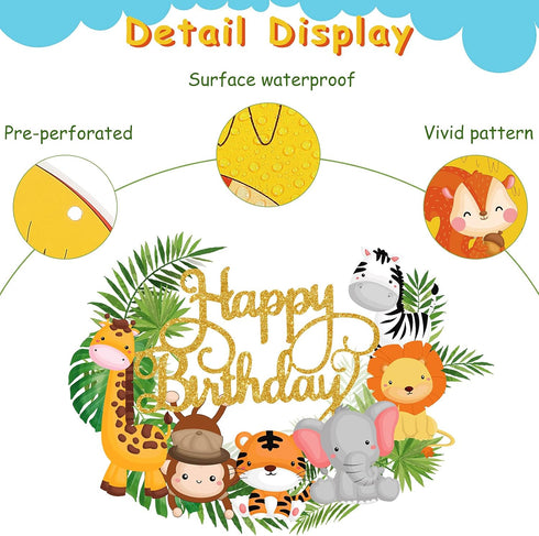 Clabby 2 Pieces Happy Birthday Banner Cupcake Topper Safari Animals Jungle Theme Party Supplies Baby Shower Decorations