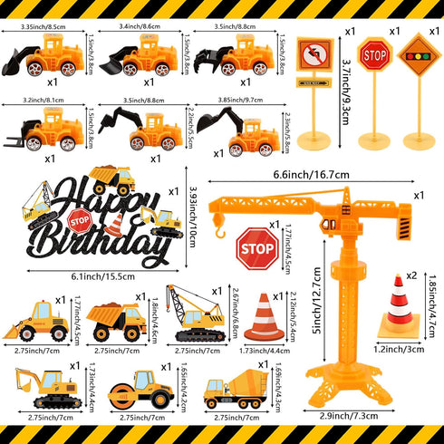 21PCS Set Construction Cake Toppers Truck Cake Decoration Excavator Tractor Tower Crane Cupcake Topper Traffic and Road