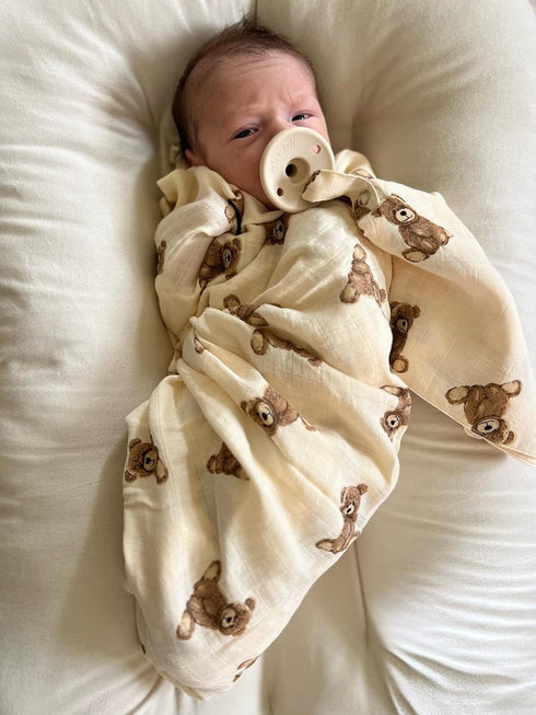 Cozy Ali+Oli Teddy Bear Swaddle & Burp Cloth Bundle Soft & Baby Essentials, Soft Rayon Made from Bamboo and Organic